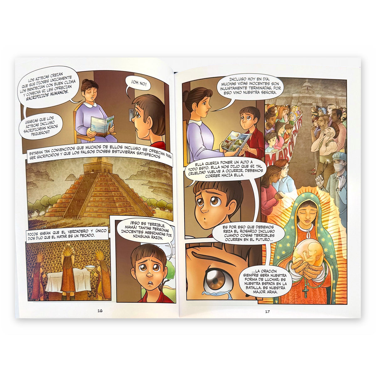 Nuestra Señora de Guadalupe La Novela Gráfica, Spanish hardcover, inside pages 16 and 17