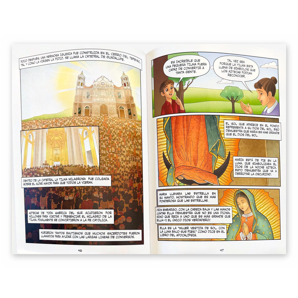 Nuestra Señora de Guadalupe La Novela Gráfica, Spanish hardcover, inside pages 46 and 47